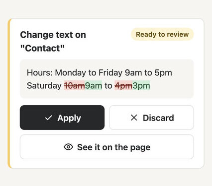 A Franklin change card showing the old and new Saturday hours, with Apply and Discard buttons