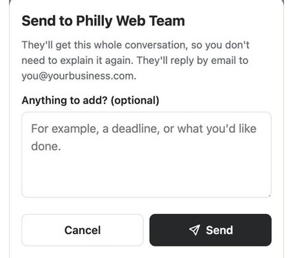 The Send to Philly Web Team sheet, which hands the whole conversation to a person